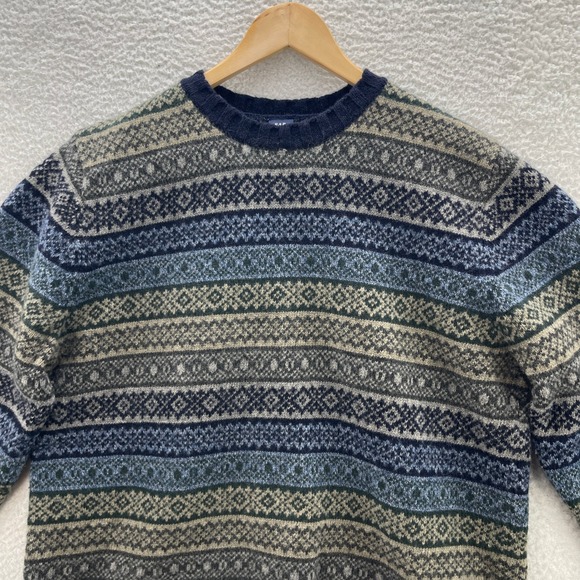 GAP Sweater Mens Large Green Blue Lambs Wool Fair Isle Nordic Outdoor Cabin Gorp - Picture 3 of 10